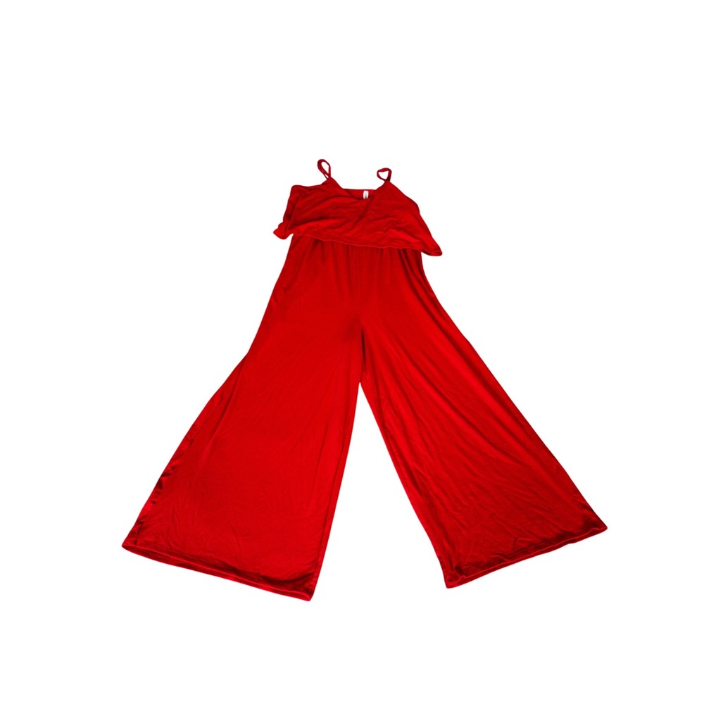 ZENANA Red Ribbed Wide Leg Jumpsuit V-Neck Adjustable Straps Sleeveless SZ XL